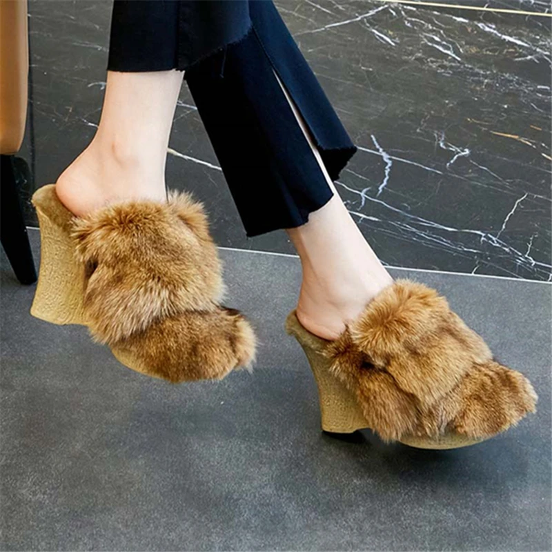 

Fox Fur Women Slippers Closed Toe Thick Sole Platform Wedge Shoes Winter Warm 11CM High Heels Outside Furry Mules Dress Pumps
