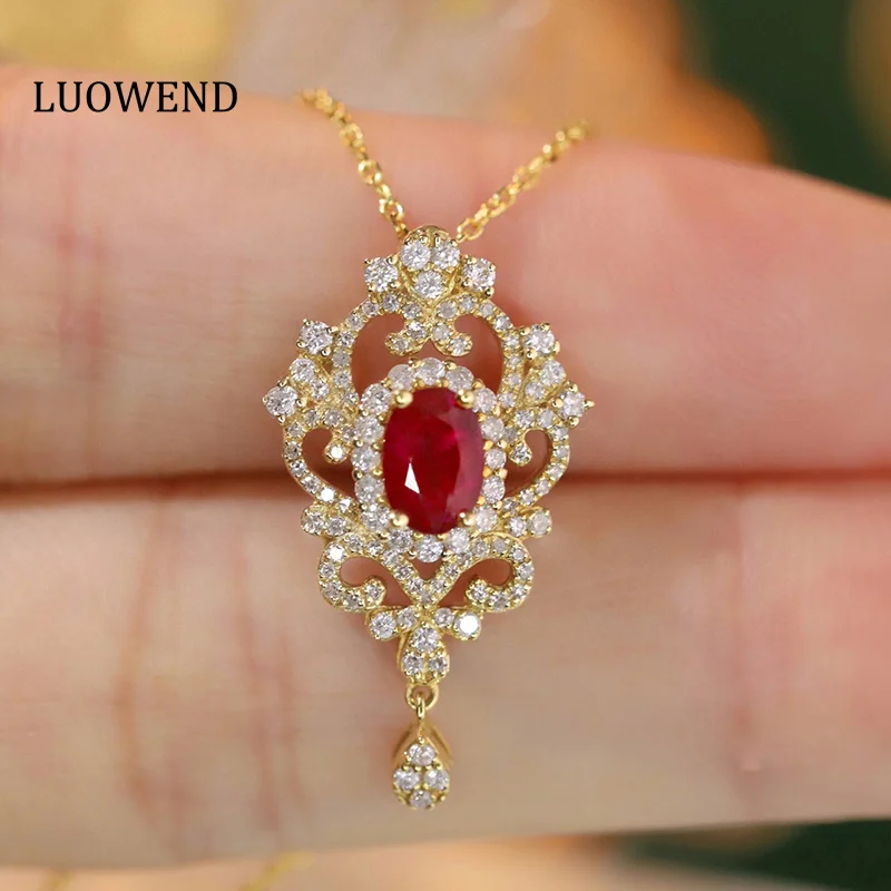 

LUOWEND 18K Yellow Gold Necklace Elegant Tassels Style Real Natural Ruby Shiny Diamond Gemstone Necklace Luxury Women's Jewelry