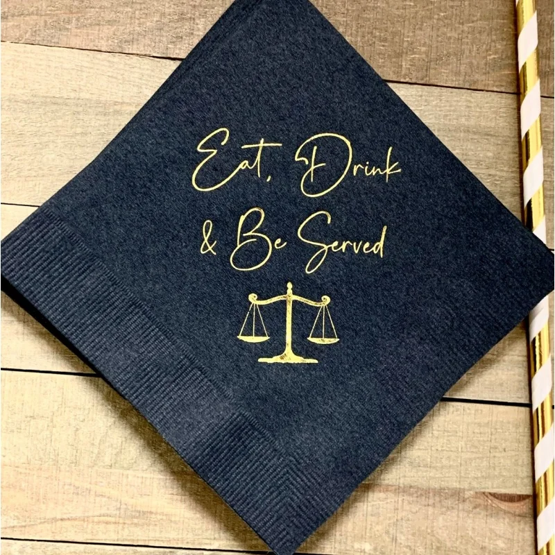 

50 Law School Lawyer Attorney Graduation Eat Drink & Be Served Printed Beverage Cocktail Napkins Black w/ Metallic Gold Foil