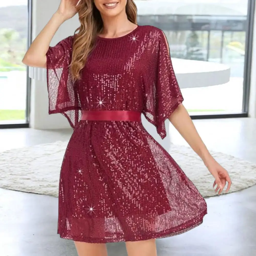 

Evening Dress Shimmering Sequin Double-layered Mini Dress For Women Stylish Bat Sleeve High Waist Belted Club Party Attire