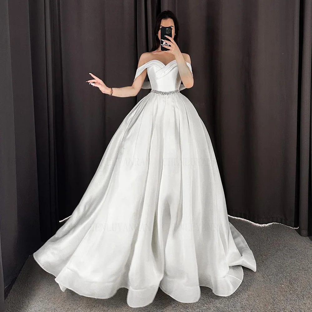 

White Satin Wedding Dresses Off-The-Shoulder Long Bride Dress Sweetheart Beading Sexy Dresses For Women 2023 Robe De Mariee