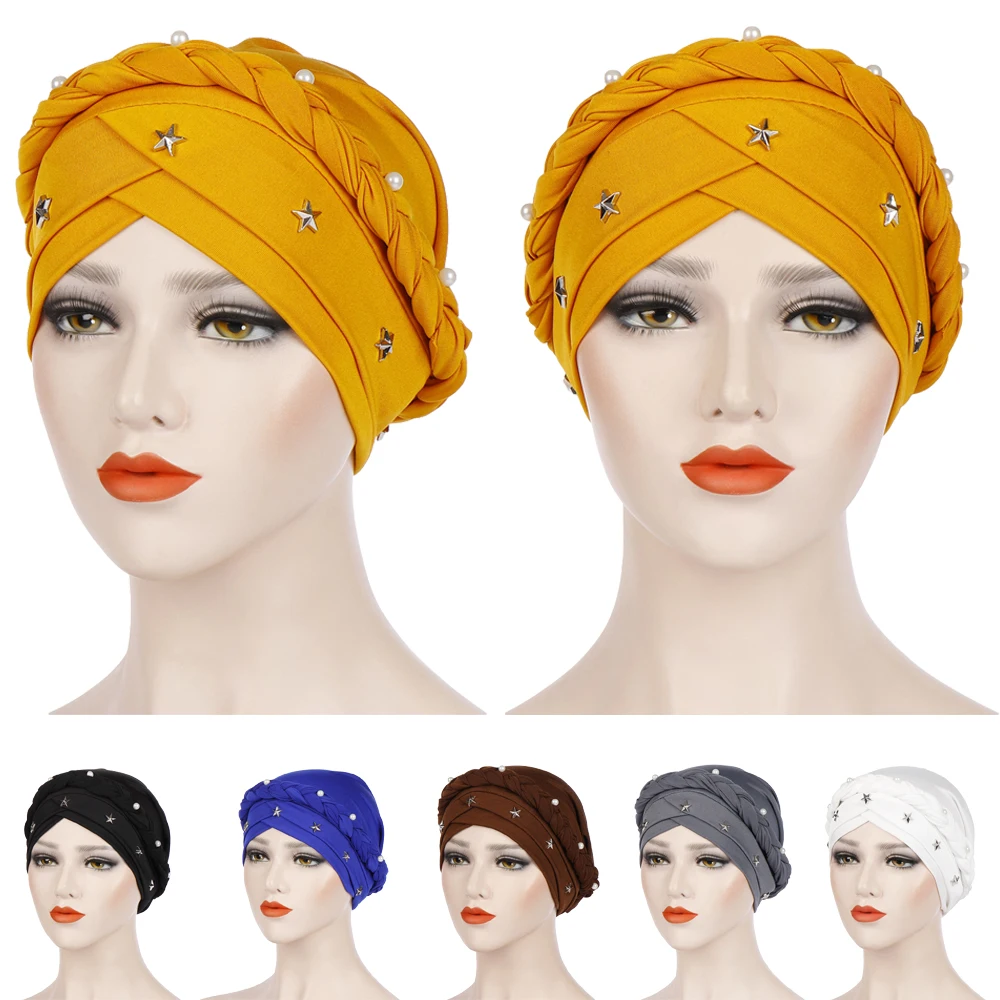 

New Muslim Women Beads Hijab Bonnet Braids Indian Turban Chemo Cap Cancer Beanies Hair Loss Hat Cover Femme Headwrap Scarf Mujer