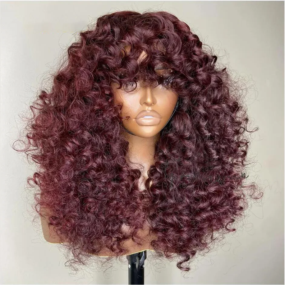 

Soft 180Density 26“Long Kinky Curly Burgundy 99j Machine With Bangs For Black Women Babyhair Preplucked Heat Resistant Glueless