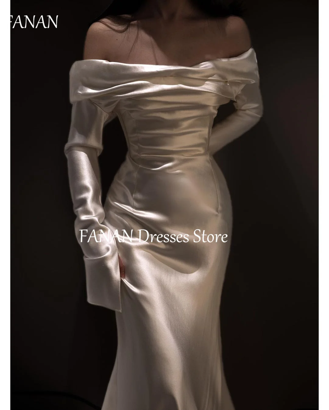 

FANAN Long Sleeves Korea Sheath Ivory Off Shoulder Wedding Dresses Silk Satin 웨딩드레스 Ruched Custom Made Bride Gowns Plus Size