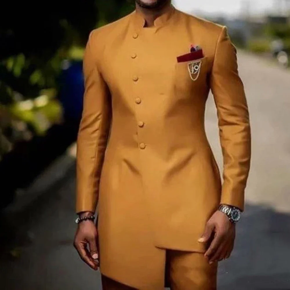 Модный однотонный костюм для мужчин, шикарный однобортный костюм с воротником-стойкой, облегающий костюм из 2 предметов, повседневный смокинг, пальто и брюки, Дубай, Аравия