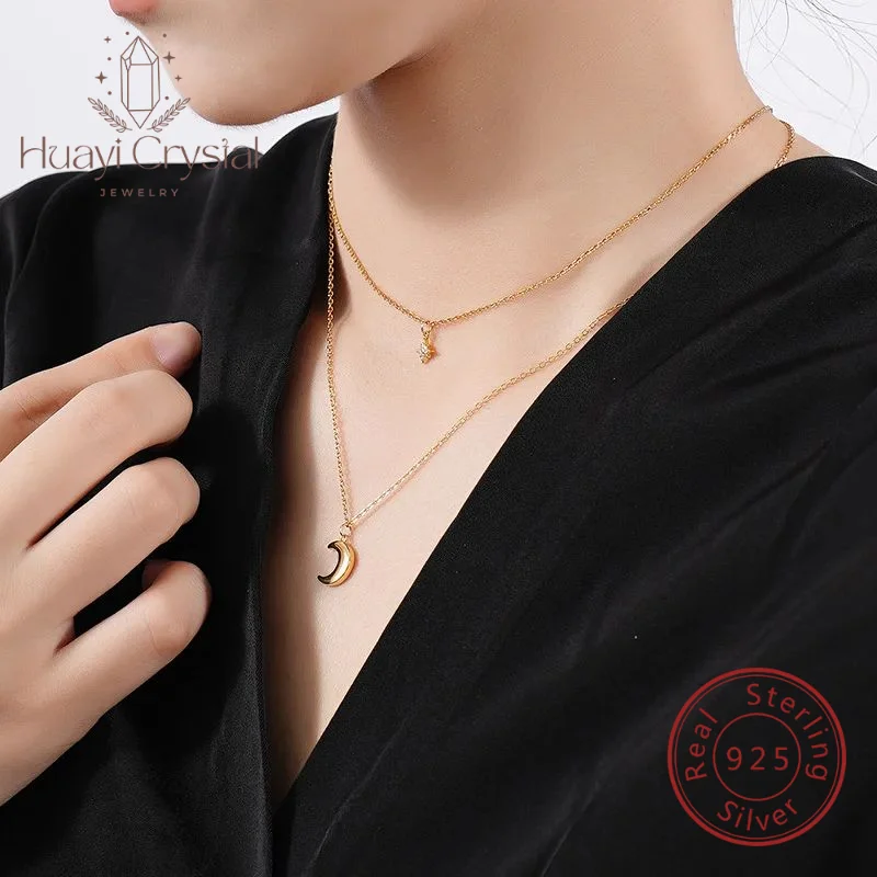 

925 sterling silver double layer twin moon necklace female ins niche eight Awn star zircon clavicle chain