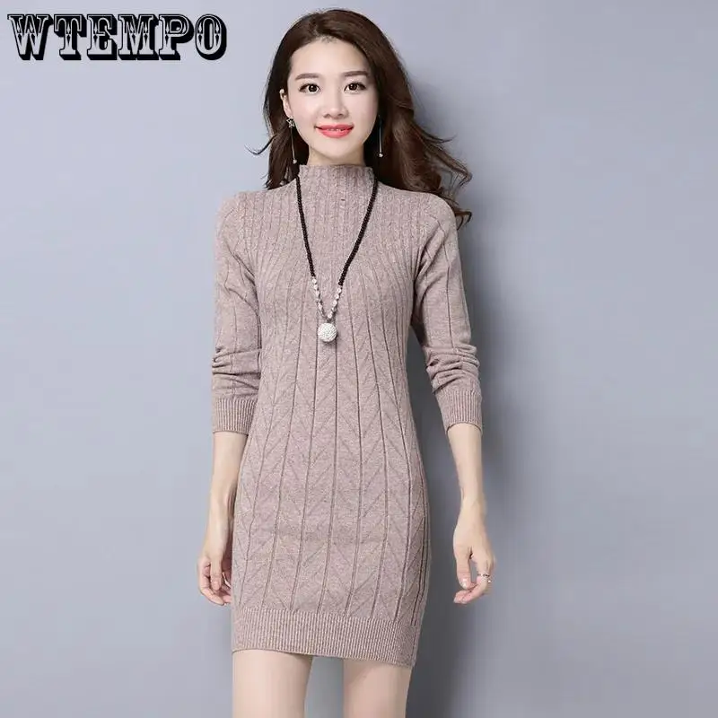 

WTEMPO Fashion New Thick Solid Color Large Size Long Knitted Pullovers Women Versatile Casual Slim Mock Neck Sweater Dresses