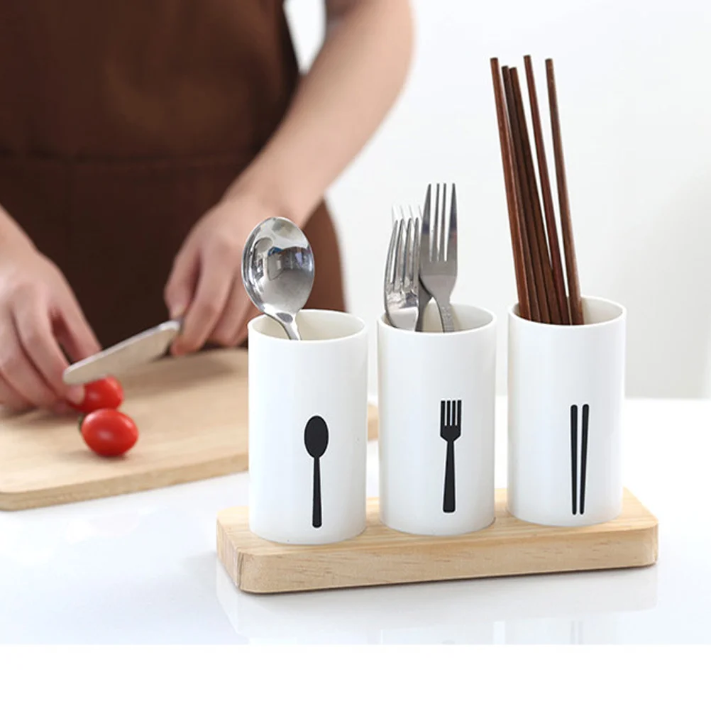 

Cutlery Utensil Holder Silverware Storage Tube with Wood Base Chopsticks Flatware Organizer Dinnerware Rack Clothes Drying