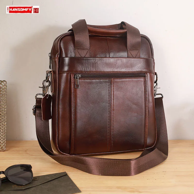 

Vintage Genuine Leather Men's Shoulder Bag Hand Crossbody Bag Head Layer Cowhide Vertical Briefcase Retro Messenger Bags 2024