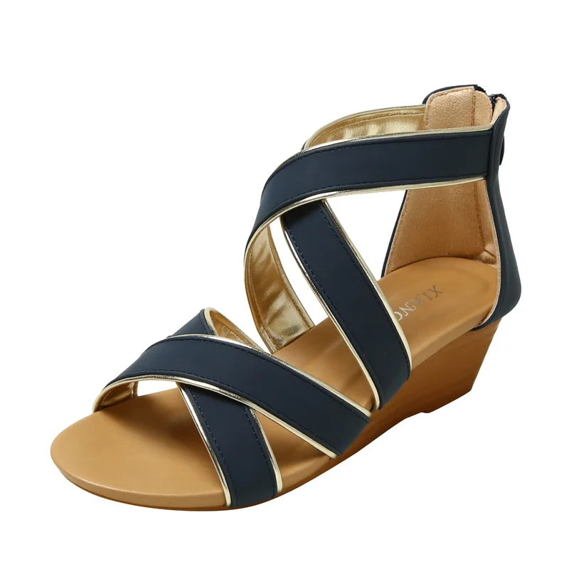 

High Quality 2023 Wedges Roman Ladies New Summer Soles With Simple Non-slip Zipper After The Sandals Blue Apricot 838-694