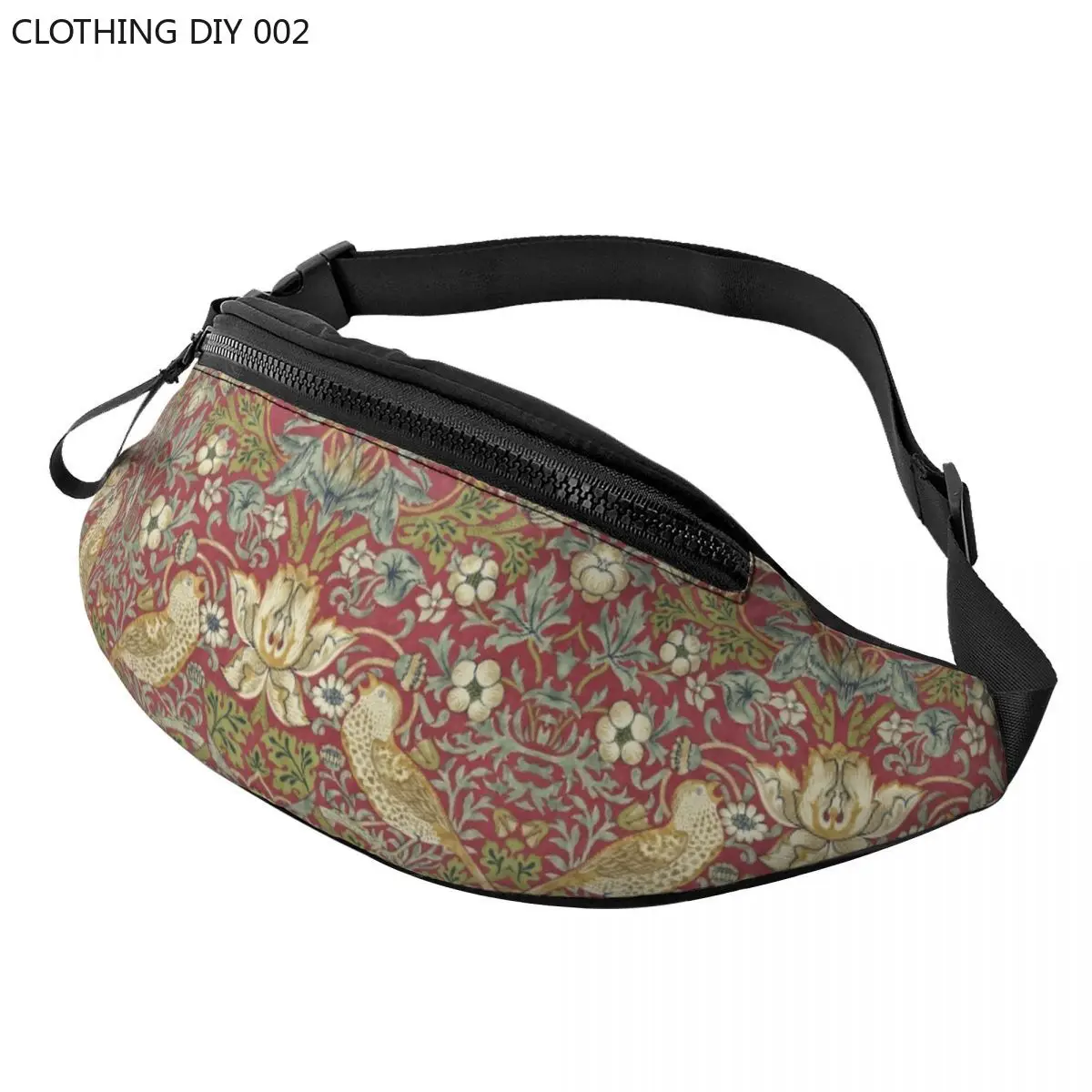 

William Morris Strawberry Thief Fanny Pack for Women Men Floral Textile Pattern Crossbody Waist Bag Camping Phone Money Pouch