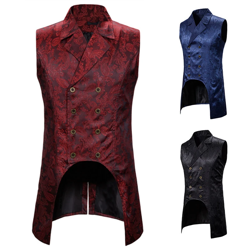 

Men's Wine Red Paisley Jacquard Long Vest Double Breasted Lapel Brocade Vest Waistcoat Mens Gothic Steampunk Sleeveless Tailcoat