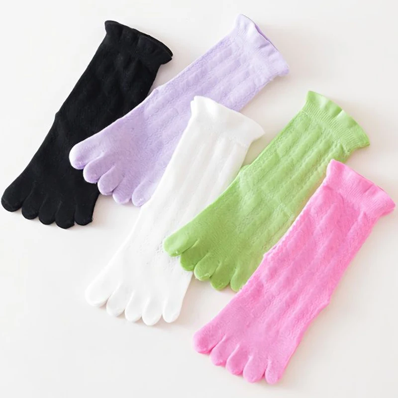 

5 Pairs Baby Girls Five Finger Socks Thin Cotton Summer Mesh Mid-Calf Sock Solid Black Pink White Green Purple Socks with Toes