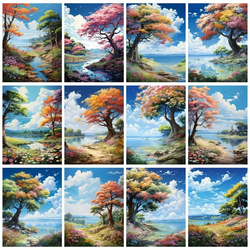 

RUOPOTY Diy Paint By Numbers For Beginner Kits Colorful Trees by the Lake Original gifts Landscape For Home Decor