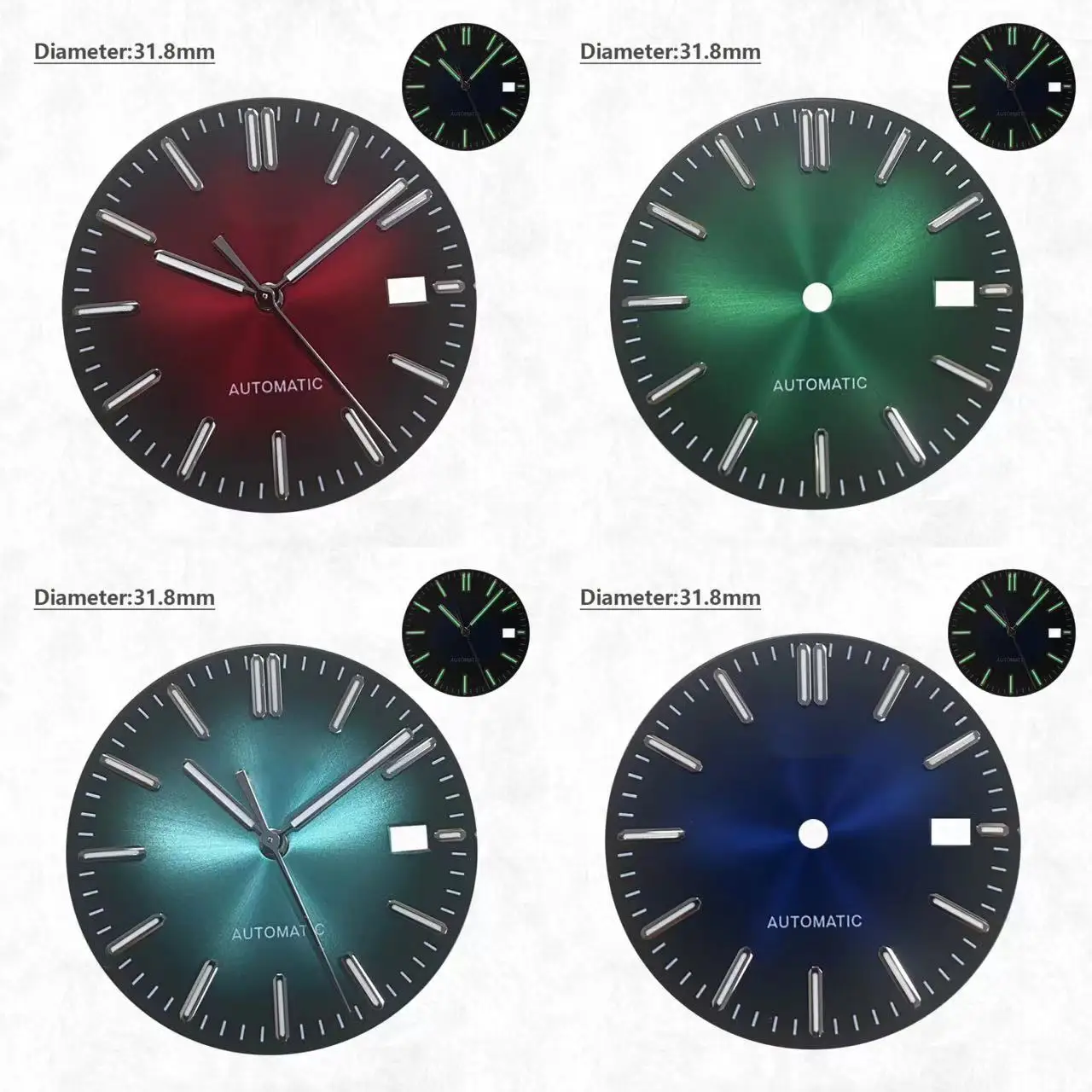 

31.8mm Appear Green Blue Red Dial Watch With S Logo Single Calendar And Needle Green Glow Suitable For NH35/36/4R Movement