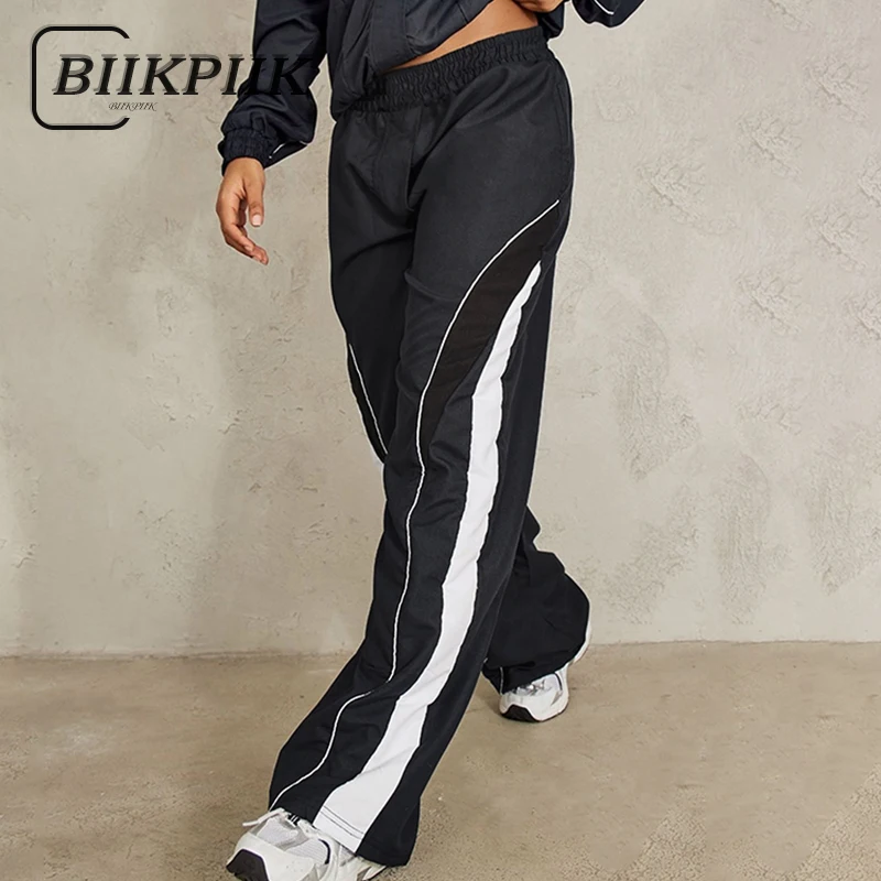 

Контрастные модные женские брюки BIIKPIIK, уличная одежда, повседневные спортивные брюки, подходящие ко всему прямые брюки, спортивная одежда для бега