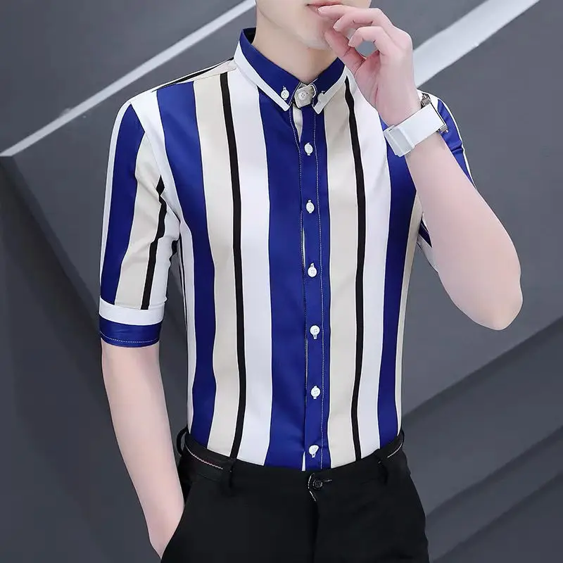 

2023 Korean Fashion Striped Men Shirt Business Casual Formal Short Sleeve Silky Japan Summer Top Shirts for Work Slim Blouse A28