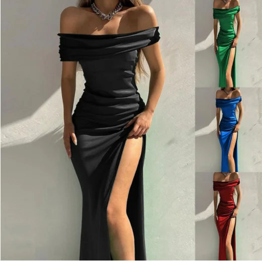 

Summer Off Shoulder Elegant Sexy High Slit Evening Dresses Women Fashion Solid Slim Prom Party Dress Vestido Feminino Robe Femme