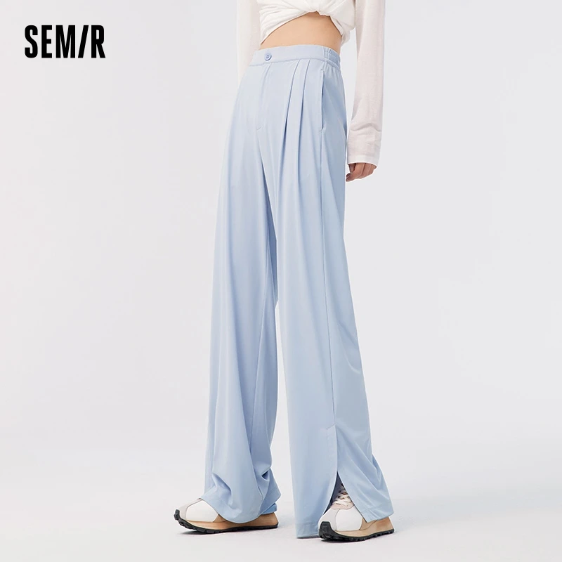 

Semir Women Leg-length Slit Wide-leg Pants Solid Color 2023 Summer New Cool Sunscreen Drape Casual Trousers
