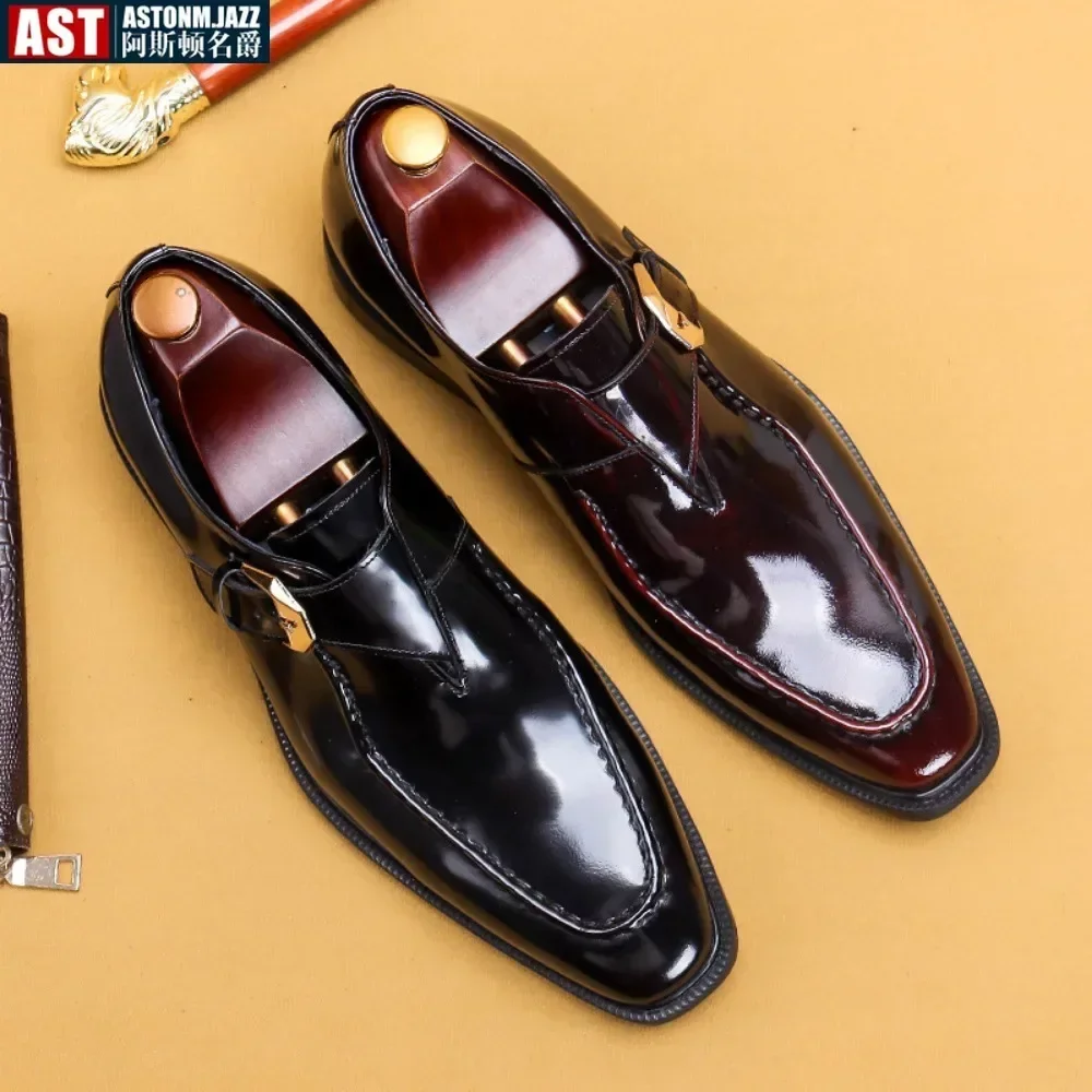 

Luxury Monk Strap Shoes for Men Single Buckles Genuine Leather Basic Office Shoe Wedding Business Dress Mens Shoe Black Wine Red