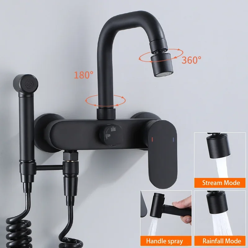 

Black Brass Bathroom Bathtub Faucet With Shower Head Bidet Sprayer Wall Mounted Kitchen Faucet Swivel Nozzle Hot Cold Mixer Tap