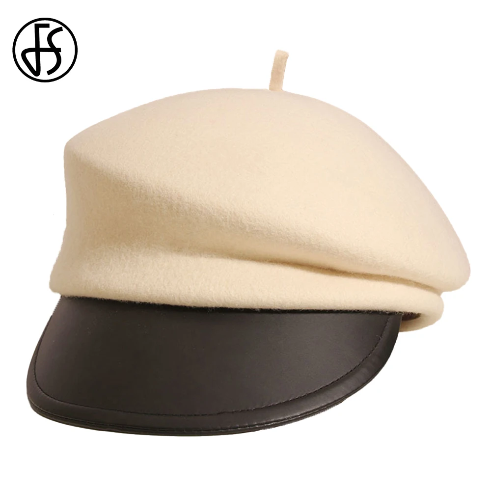 

FS Spring Wool Felt Leather Brim Beret Women Newsboy Painter Cap Octagonal Hats Ladies British Vintage Peaked Hat Female