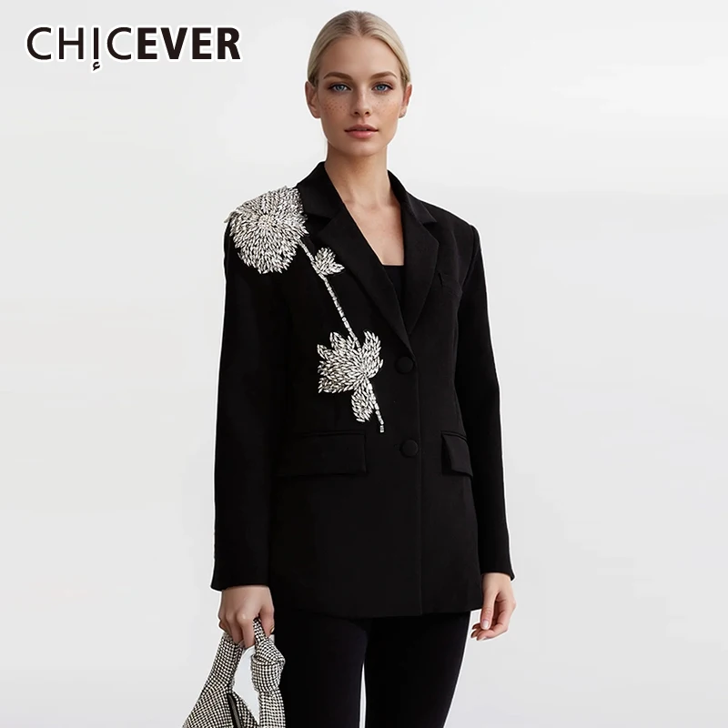 

CHICEVER Spliced Diamonds Blazer For Women Notched Collar Long Sleeve Single Breasted Hit Color Loose Fashion Spring Coat Female