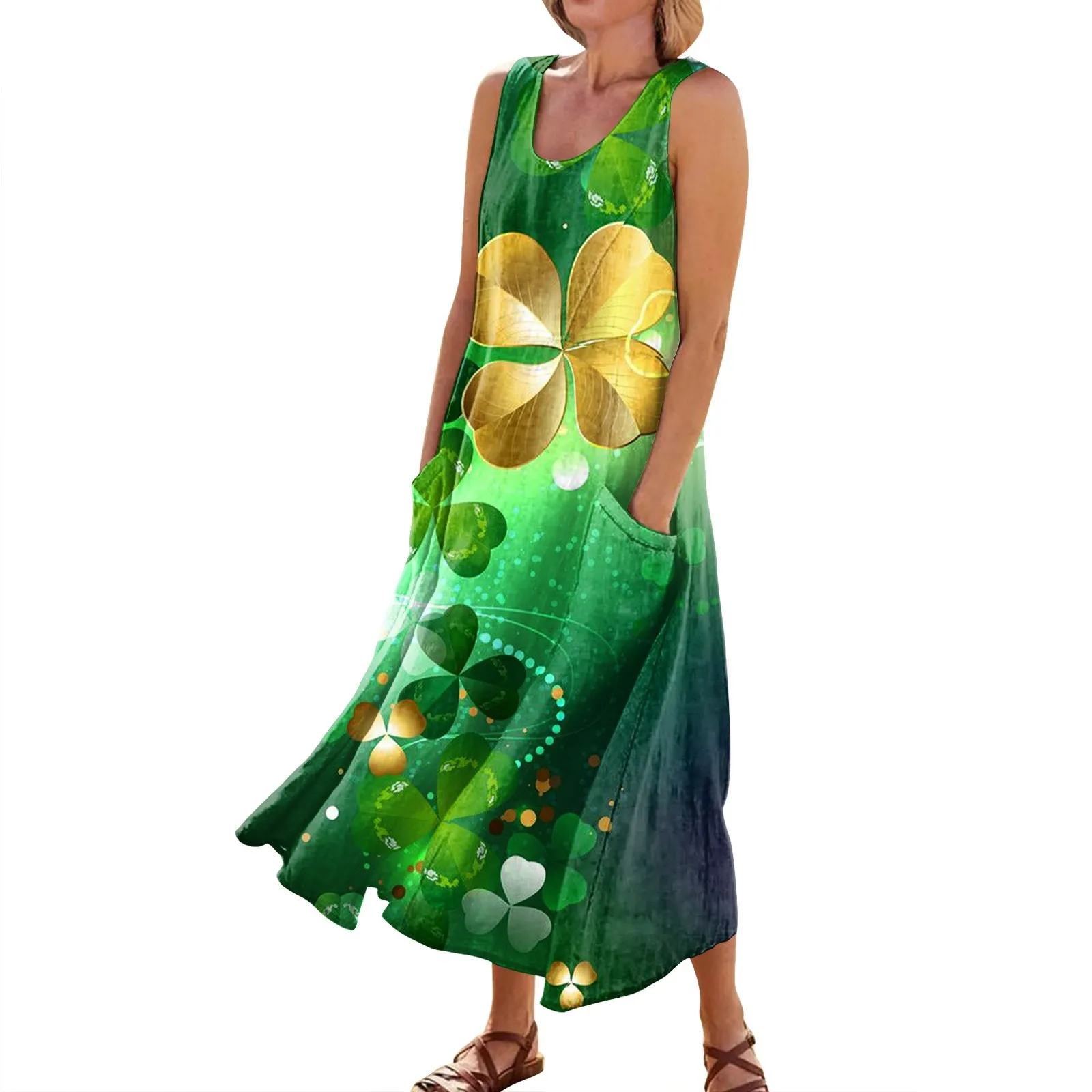 

Fashion Women Dress Irish Festival Long Sleeve Dress 3d Printed Holiday Party Dress Female Green V Neck Casual Dress
