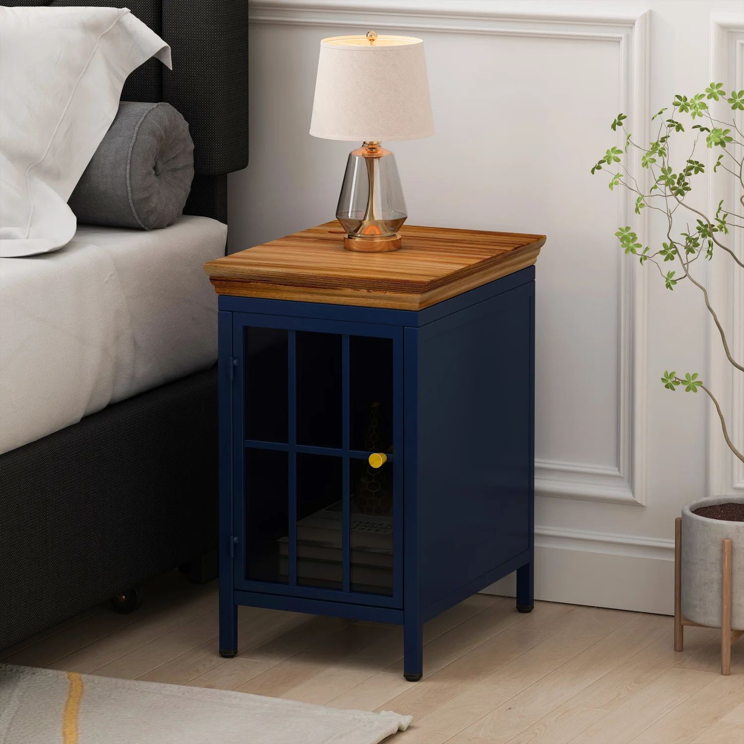 

Тумбочка из массива дерева темно-синяя с шкафом для хранения и столешницей для спальни и гостиной, стильный прикроватный столик или диван Sid