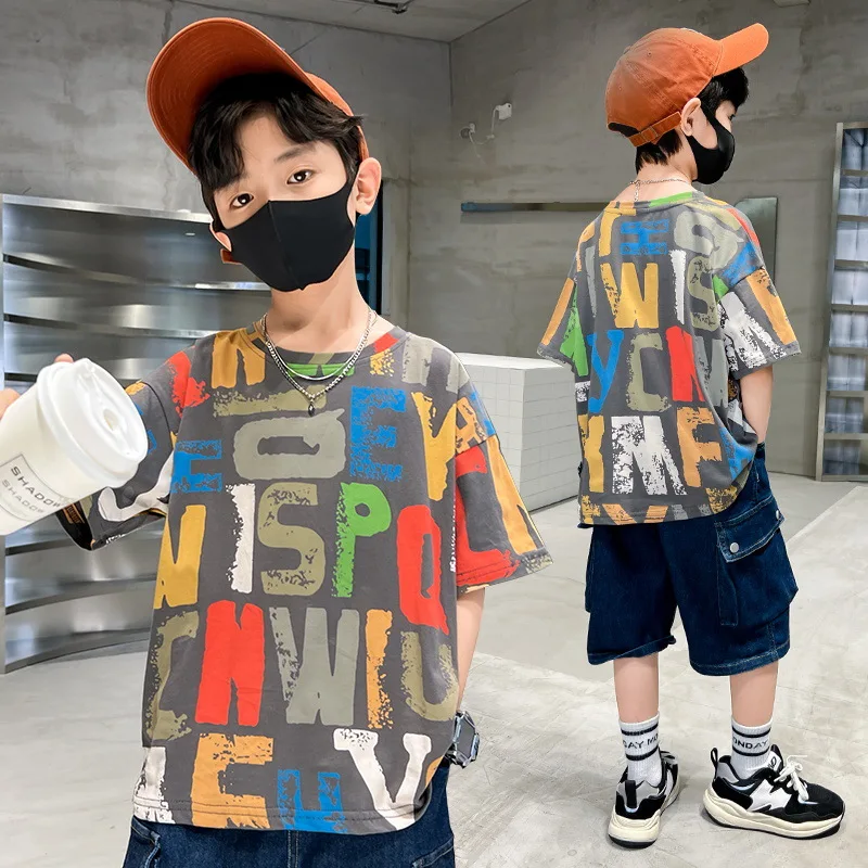 

Korean Summer Short Sleeve T-Shirt for Boys Letter Pattern O-Neck Casual T Shirt Kids Tees Tops Children's Clothing 4-14 Years