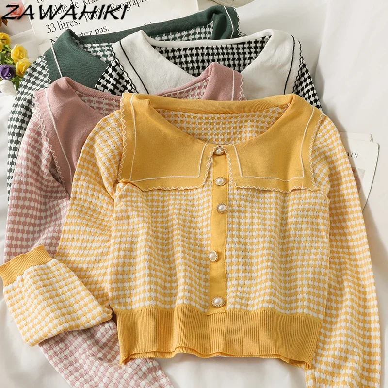 ZAWAHIKI Plaid Women Sweaters Turn Down Collar 2023 Autumn Short Pull Femme Sweet Winter Korean Fashion Sueter De Mujer
ZAWAHIKI Plaid Women Sweaters Turn Down Collar 2023 Autumn Short Pull Femme Sweet Winter Korean Fashion Sueter De Mujer