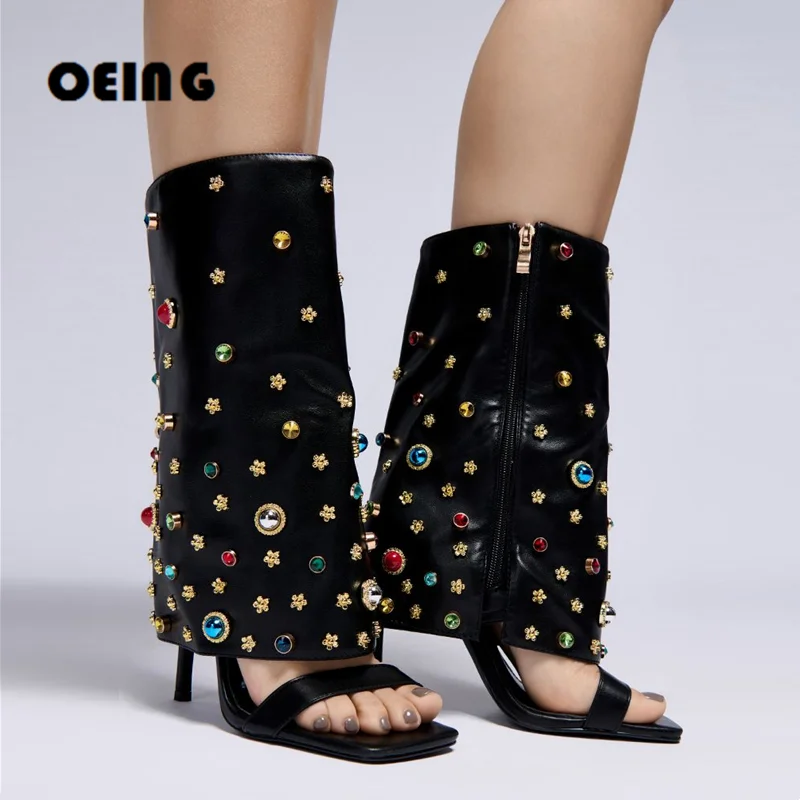 

Women Gemstone Detail Mid-calf Boots Square Toe Stiletto Heel Fold Over Sandals Boots Ladies Bling Crystal Party Dress Shoes 43