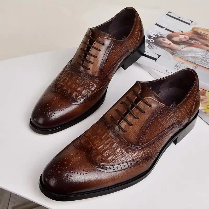 

new block restoring ancient ways of carve patterns or designs on woodwork men of England lace-up shoes crocodile grain leather