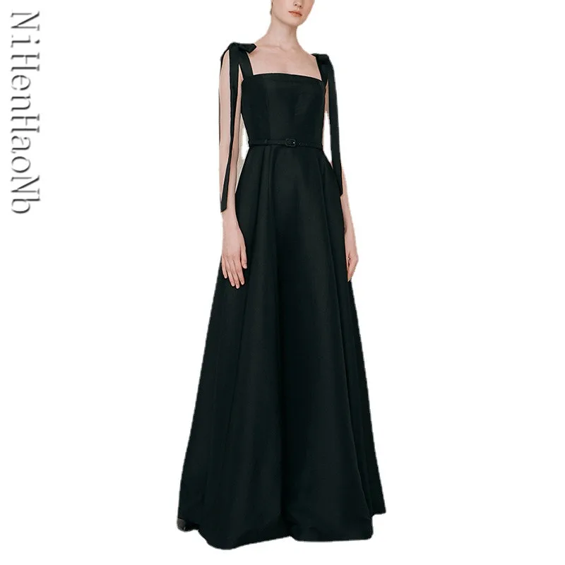 

New Black Elegant Sleeveless Satin Vestido De Noiva Classic Spaghetti Straps Floor-length Wedding Dress A-line Robe De Mariee