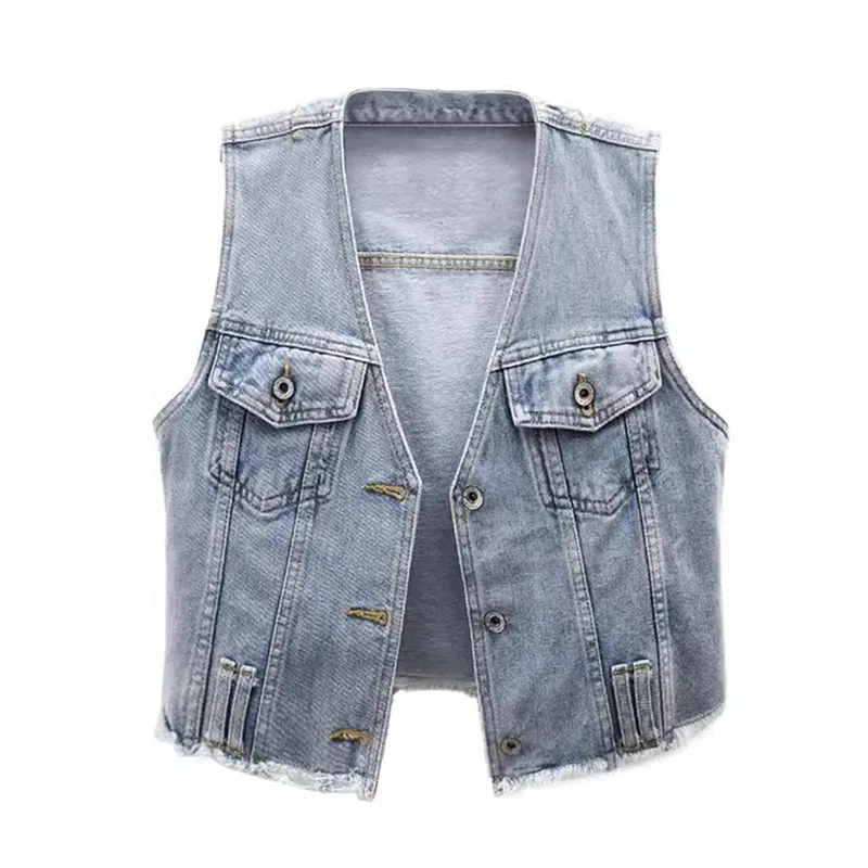 

Fashion Rough Edge Denim Vest Women Short 2024 Spring Summer New V-Neck Slim Jeans Waistcoat Sleeveless Jacket Female Tide W260