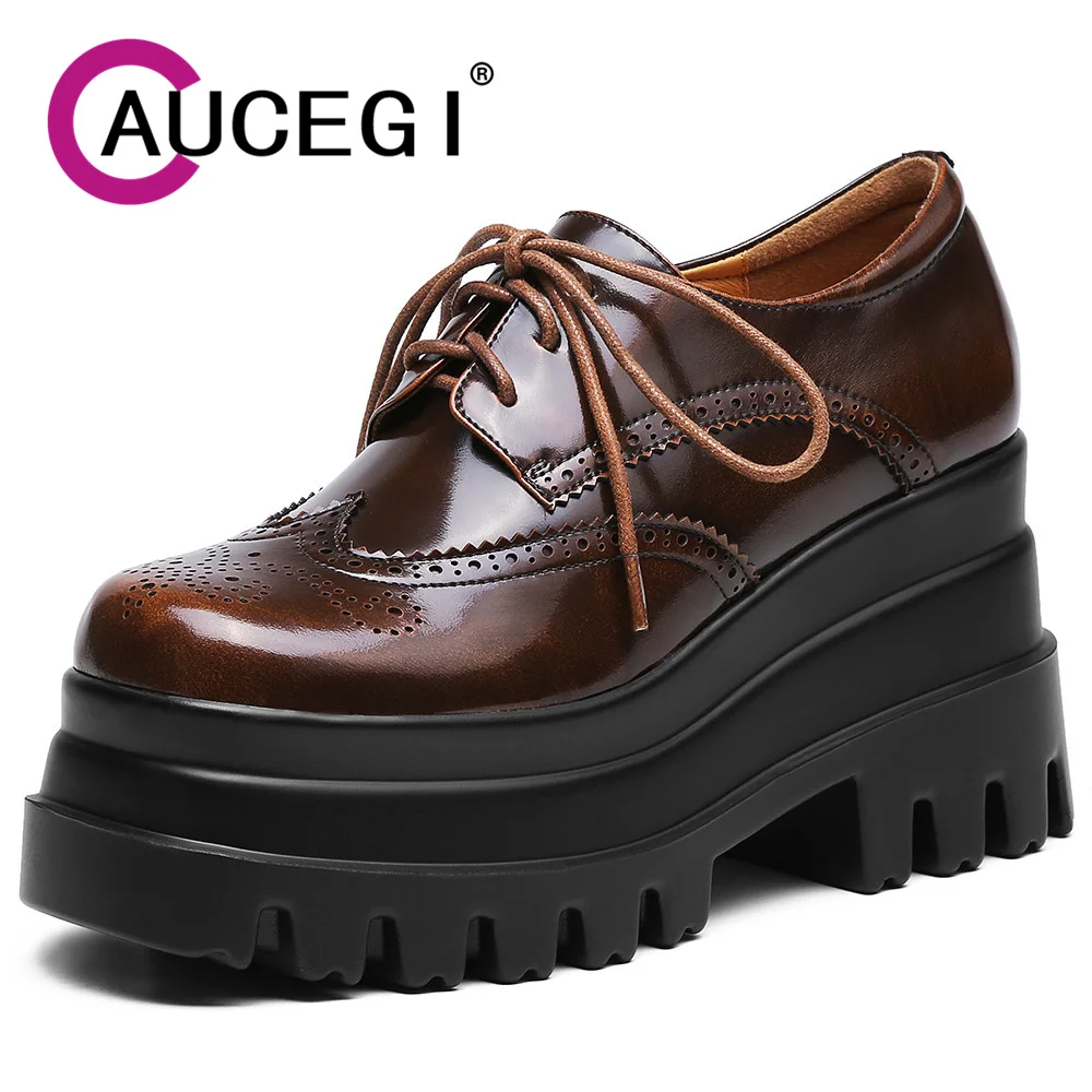 

Aucegi New Arrival Wedges High Heels Platform Pumps Women 2024 Black Brown Genuine Leather Cross Tied Handmade Versatile Shoes