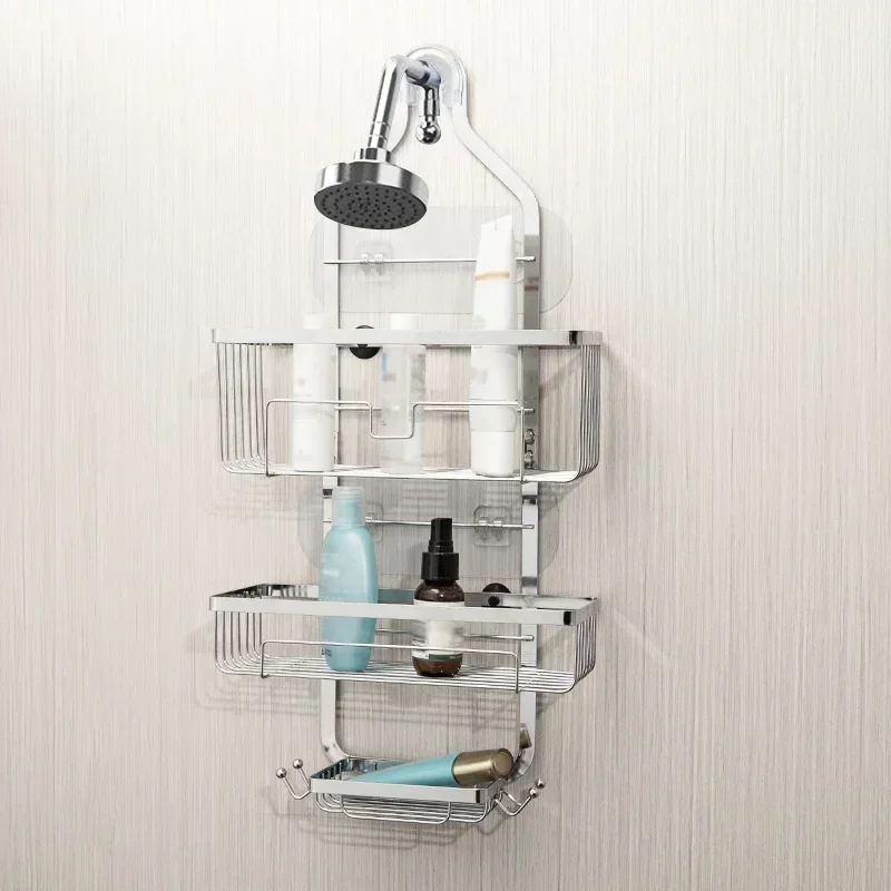 

Towel Rack With Shower Shelves Hanging Without Organizer Hooks Caddy Storage For Over Drilling Bathroom Head