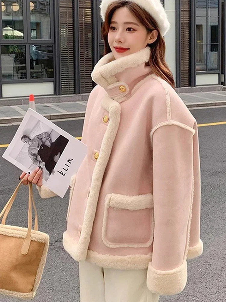 

Женская уличная куртка из искусственного меха, повседневное утепленное пальто со стандартным воротником в Корейском стиле, Женское зимнее искусственное плюшевое Женское пальто