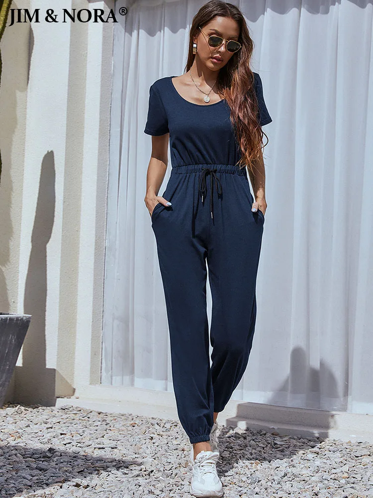 

JIM & NORA Fashion Women Summer Short Sleeve Crew Neck Elastic Waist T-shirt Long Pant Jogger Jumpsuit Casual Playsuit One Piece