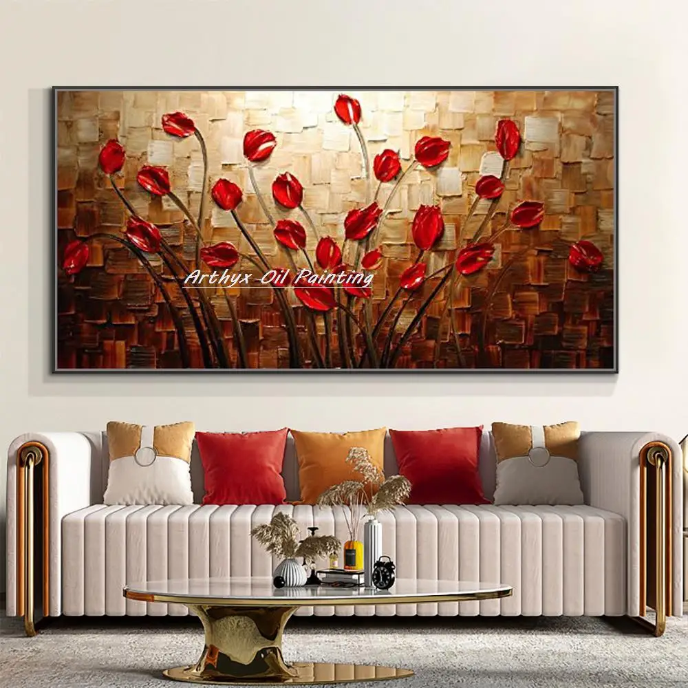 

Arthyx Handpainted Palette Knife Red Flowers Oil Paintings On Canvas,Abstract Modern Wall Art,Picture For Living Room,Home Decor
