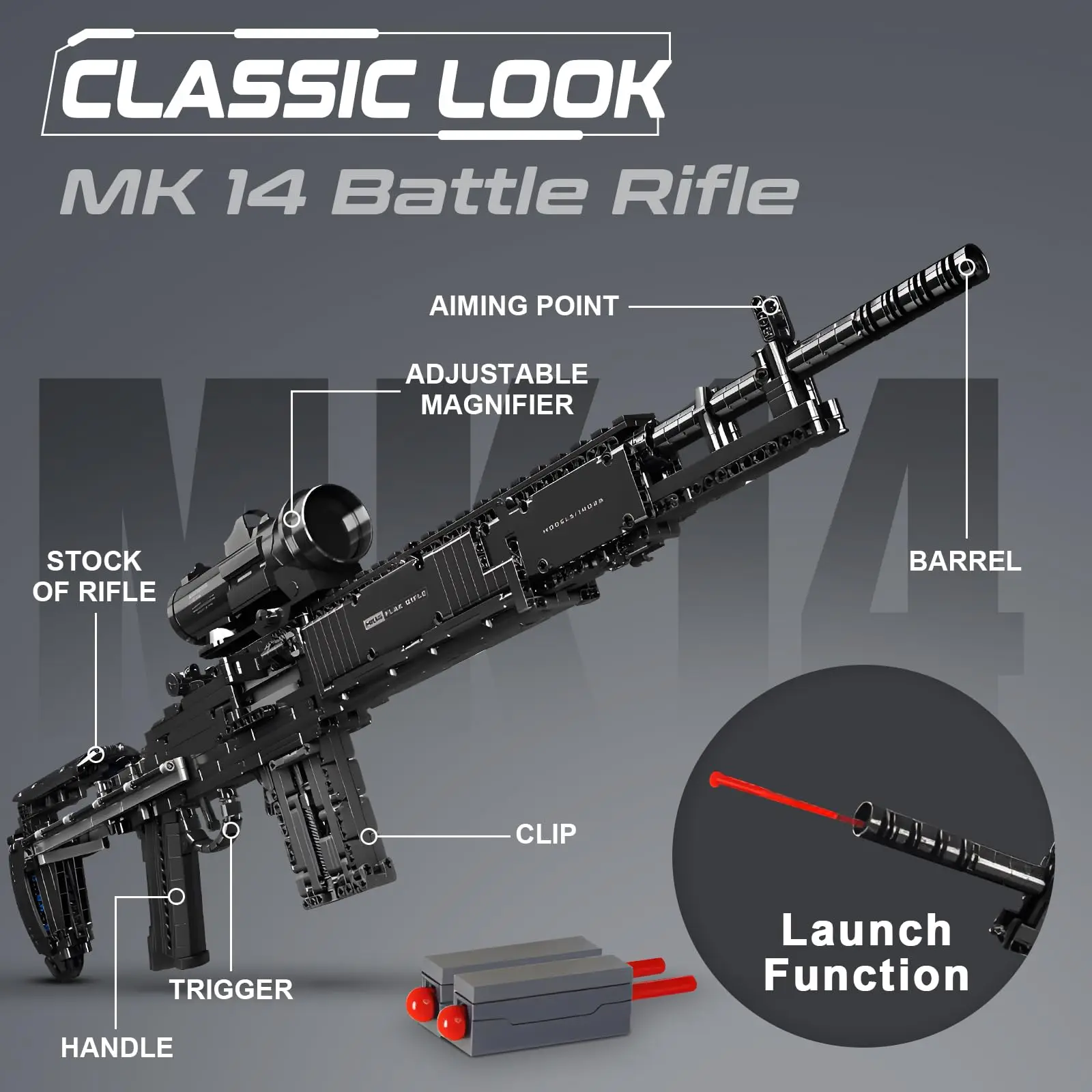 1606Pcs MK14 Building Blocks Guns 1:1 Simulation Model Toy with Shooting Function Set Cool DIY Collectible Building Bricks Gifts 1606Pcs MK14 Building Blocks Guns 1:1 Simulation Model Toy with Shooting Function Set Cool DIY Collectible Building Bricks Gifts