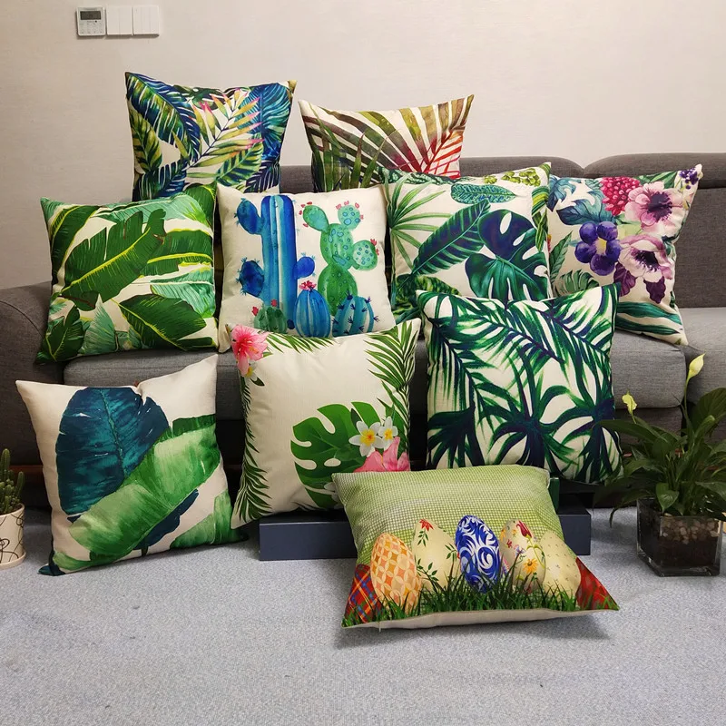 

Sofa Linen Cushion Cover Green Tropical Leaf Cactus Print Monstera 45*45cm Throw Pillows Home Decor Pillowcases Decorative