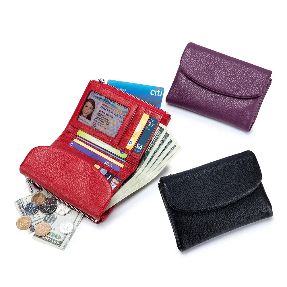 

Women's Short Wallet Soft Cowhide Leather Fashion Zipper Coin Change Bag Luxury Brand Money Clip Multi Card Trifold Wallet Purse