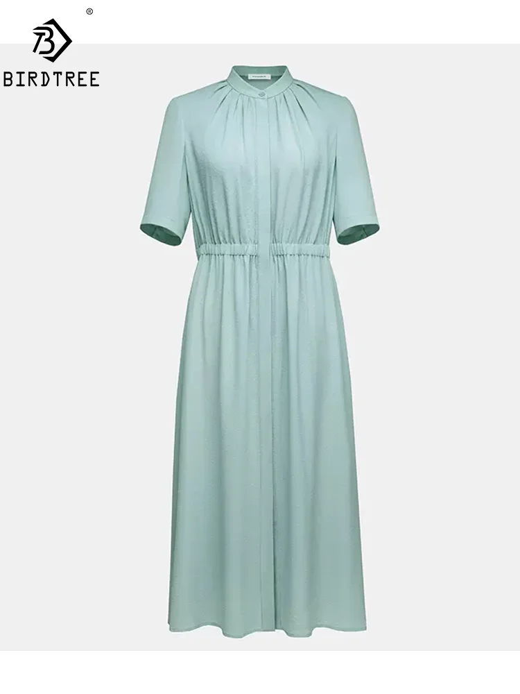 

BirdTree, 23MM 100%Real Silk Dresses, Women Short Sleeve Solid Stand, Origin Design OL Elegant Dress, 2024 Summer New D45488QM