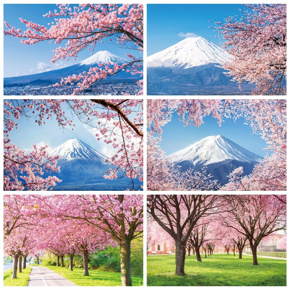 

Spring Japan Mount Fuji Scene Photography Backdrop Pink Cherry Blossom Natural Landscape Photographic Background Photo Studio