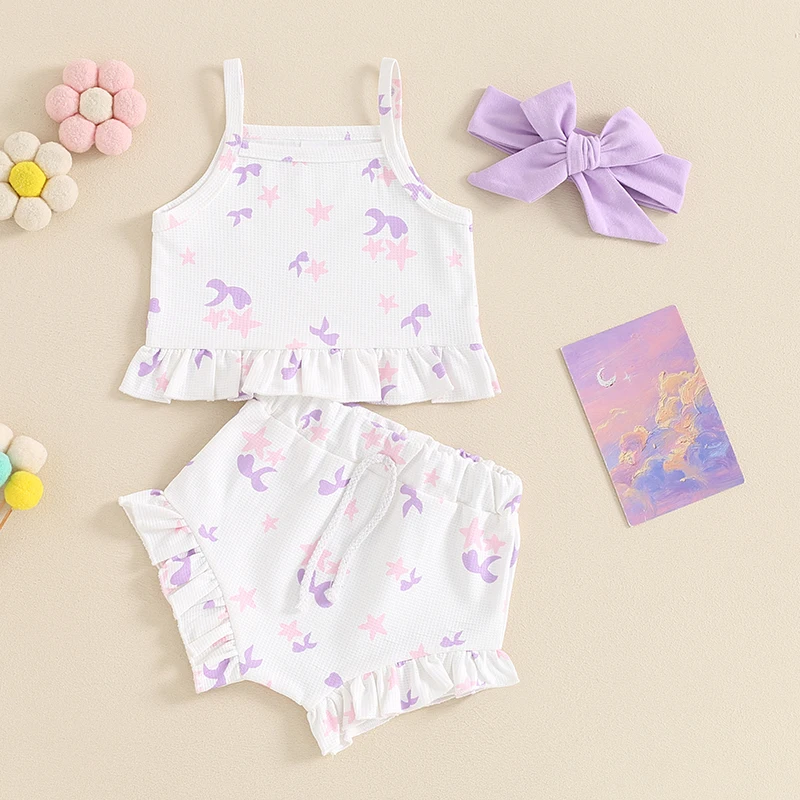 

Baby Girls Summer Outfits Star Print Ruffled Hem Cami Tops with Shorts and Bow Headband 3Pcs Set