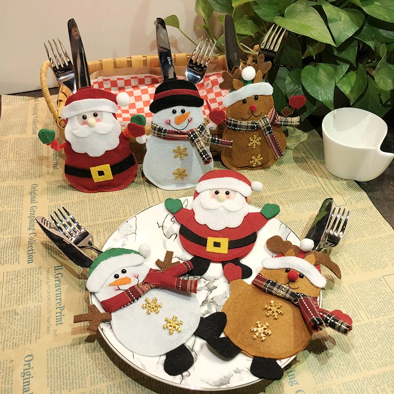 

Merry Christmas Knife Fork Cutlery Bags Cartoon Santa Claus Snowman Elk Tableware Holder Bag Organizer Party Table Decoration