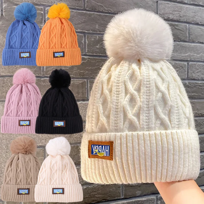 

Thermal Thicken Fur Pom Knitted Beanies Hat Female Plush Winter Fleece-lined Warm Hats for Women Girl's Outdoor Woolen Gorro Cap