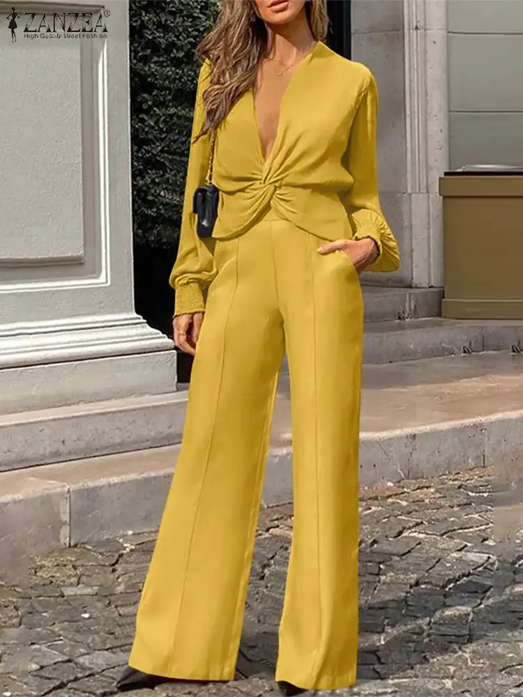 

ZANZEA Fashion Urban Tracksuits Female Vintage OL Suit V Neck Long Sleeve Blouse Pants 2PCS Woman Solid Elegant Party Sets 2024
