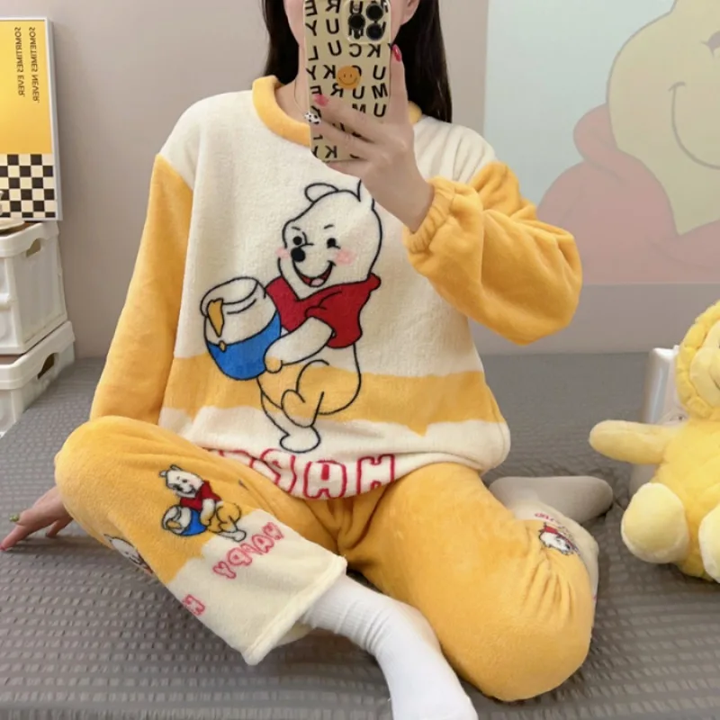 

Disney New Flannel Women Pajamas Warm Round Neck Long Sleeve 2 Piece Outfit Set Women Winnie the Pooh Printing Women Clothing